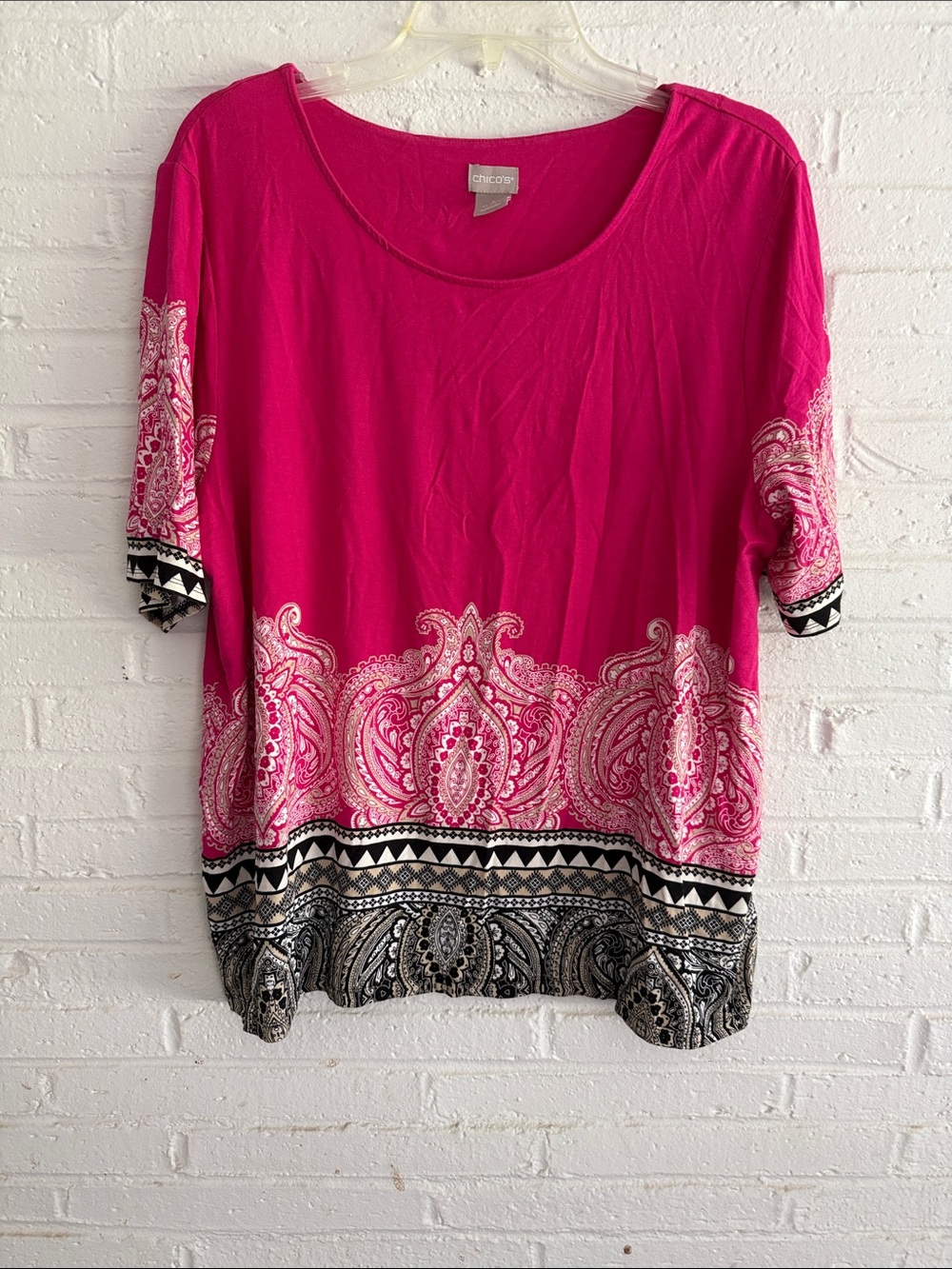 Chico's Hot Pink Paisley Border Scoop-Neck Tee